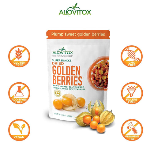 1 oz 2g 5g 8 oz Alovitox Sun Dried Golden Berries | Raw, Fresh & Organic | Contains Protein & Fiber, Low-Calorie