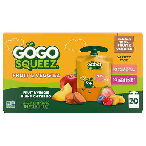 Pack, 3.2 oz (Pack 20), (Packaging GoGo squeeZ Fruit & veggieZ Applesauce and Puree Variety Pedal Peach and Boulder