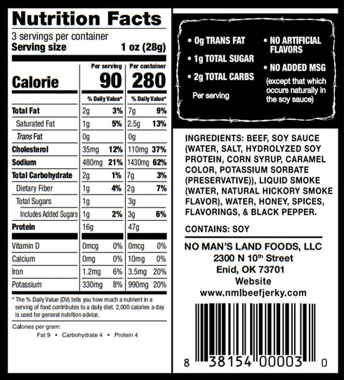 3oz No Mans Land Beef Jerky - Black Pepper | Slow-Dried, Smoked & Seasoned Jerky Strips | High Protein, Low Carb, Low