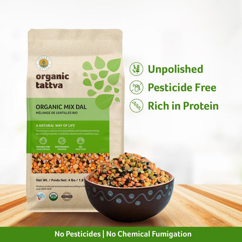 (4 lbs) Organic Tattva Mix Dal - Unpolished Lentils Organic, Gluten Free, Vegan & Kosher - High Protein Split Beans