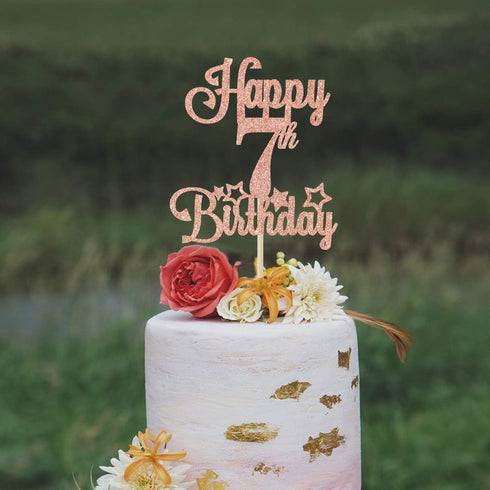 Happy 7th Birthday Cake Topper, Cheers to 7 Years, Hello 7, 7th Birthday Anniversary Party Decorations in Rose Gold