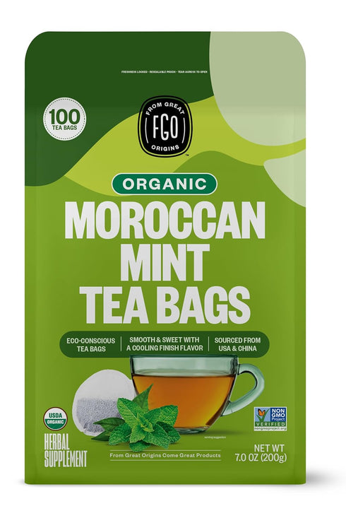FGO Organic Moroccan Mint Green Tea, 100 Count, Eco-Conscious Tea Bags, Resealable Bag (Pack of 1)