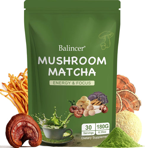 Balincer Mushroom Matcha, 6 Adaptogenic Mushrooms (Lion's Mane, Cordyceps, Turkey Tail &