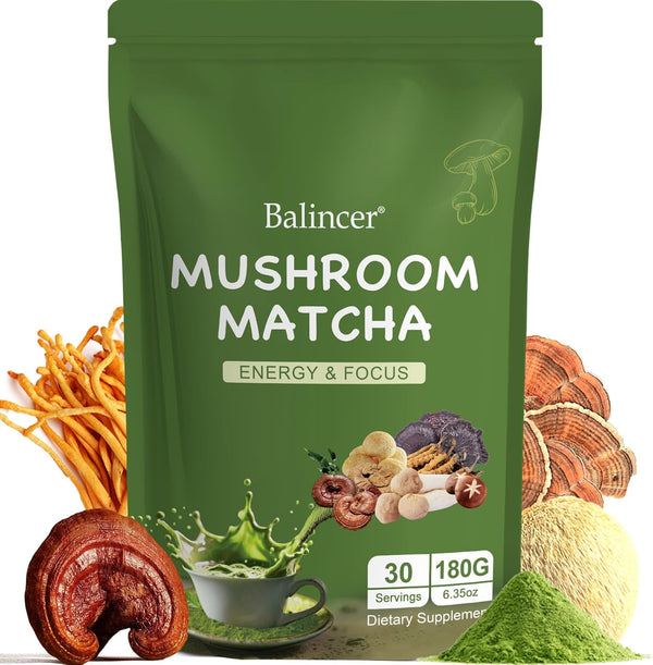 Balincer Mushroom Matcha, 6 Adaptogenic Mushrooms (Lion's Mane, Cordyceps, Turkey Tail &