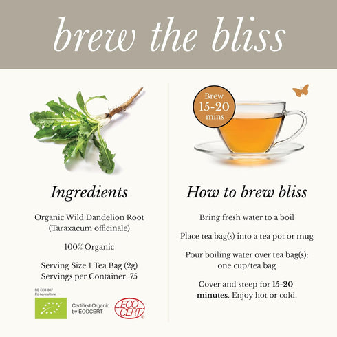 75 Wild Bliss Organic Wild Raw Dandelion Root Tea - Pharmacopoeia Quality Caffeine Free Herbal Detox Support - Plant