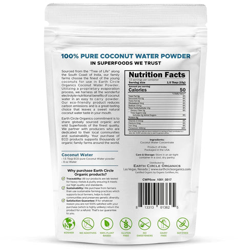 Earth Circle Organics Pure Coconut Water Powder - Electrolyte Supplement, 8oz (Pack of 1)
