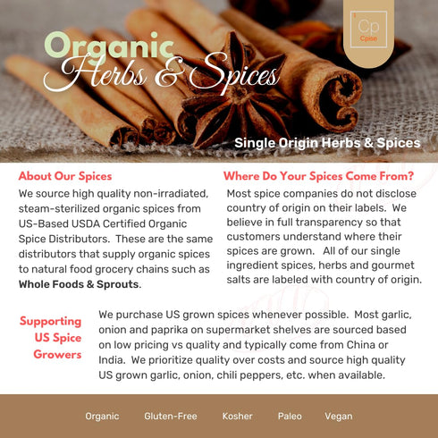 Set 12 (12, Organic Spice and Seasoning Basic Starter includes Organic Spices: Cayenne | Cinnamon | Cumin | Garlic |