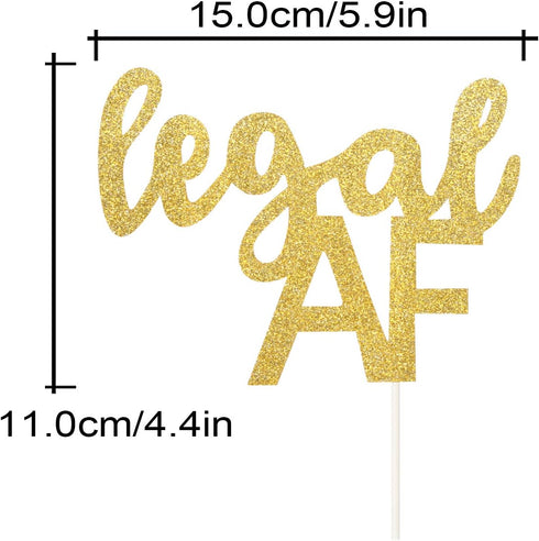 Legal AF Birthday Cake Topper for 18th, 19th, 21st Birthday Party Decorations, Double Sided Gold Glitter