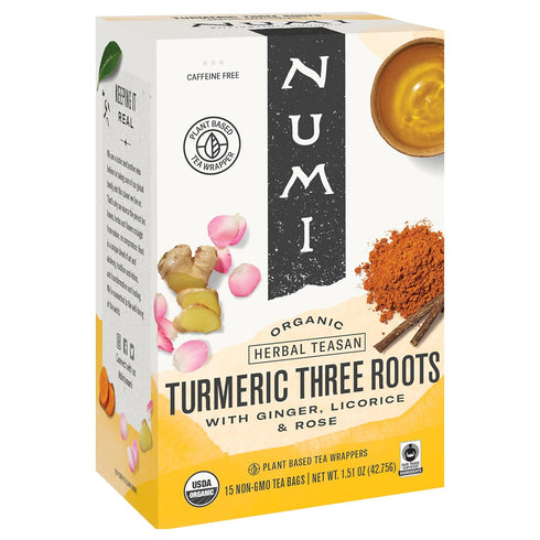Numi Tea Organic Three Roots Turmeric Tea, 15 Herbal Tea Bags, Caffeine