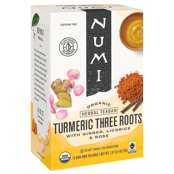 Numi Tea Organic Three Roots Turmeric Tea, 15 Herbal Tea Bags, Caffeine