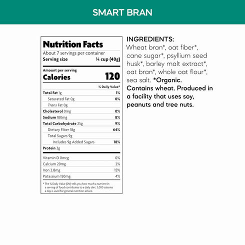10.6 oz (Pack 1), 17g Nature's Path Organic Smart Bran Cereal, of Fiber, Psyllium, Oat & Wheat Bran, Lightly Sweetened