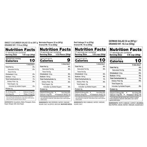 Set- 32 Oz Healthy Veggie Lovers Includes Four Jars of Marinated Peppers, Sweet Cucumber Salad, Red Cabbage, and German