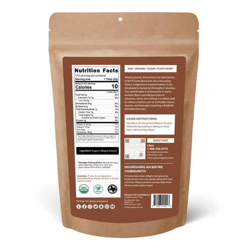 SPICY ORGANIC Pure Organic Allspice Ground 8 oz. - Certified USDA Organic - Allspice Seasoning for Baking, Marinades, Pickling, Stews, Sauces, and Beverages