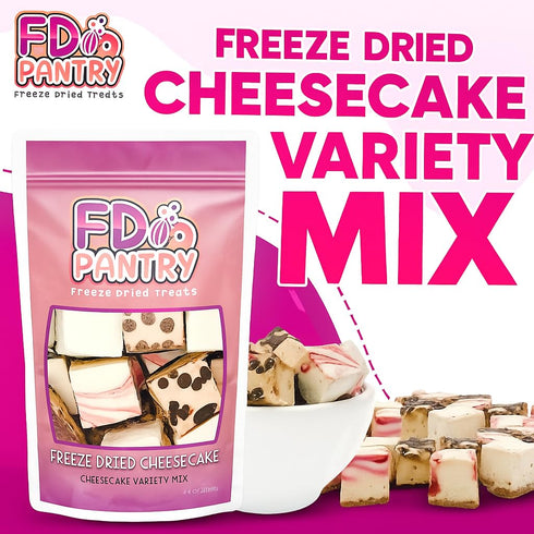 4.1oz Freeze Dried Cheesecake Bites New York Style - Caramel, Chocolate Chip and Strawberry Swirl Freeze Dried Dessert
