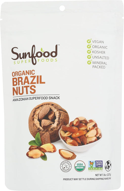 Sunfood Superfoods Raw Organic Brazil Nuts, Unsalted, Great Source of Protein, USDA Organic, Non-GMO, Vegan - 8 oz Bag