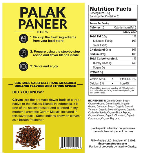 Set. 1 pack, 2. PALAK (SAAG) PANEER India Food Spice kit by Flavor Temptations. Home Cook CURRY Dishes with Beginner