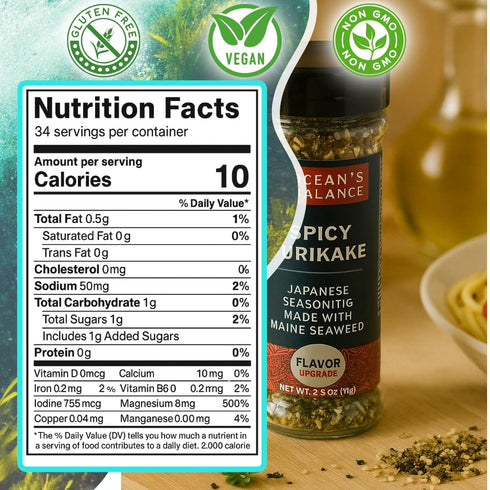 Ocean Balance Spicy Furikake Seasoning - Cayenne Pepper, Sesame Seeds, Maine Coast Seaweed, Great for Sushi Rice
