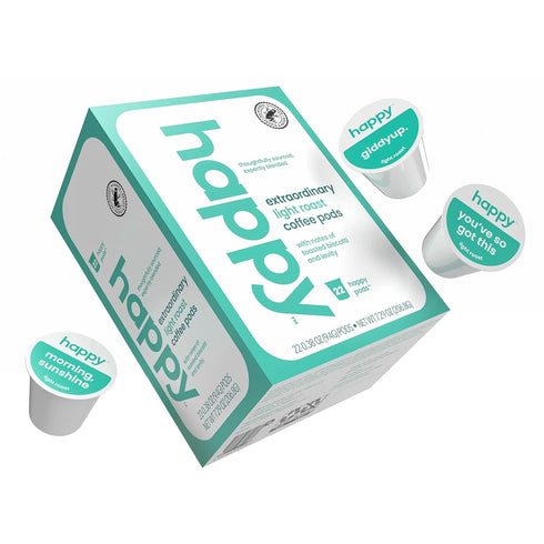 happy coffee light roast coffee pods, 22 count, notes of toasted biscotti