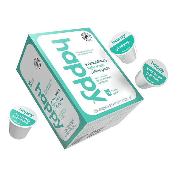 happy coffee light roast coffee pods, 22 count, notes of toasted biscotti