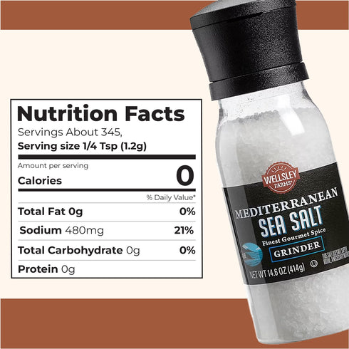 Wellsley Farms 14.6oz (1 Mediterranean Sea Salt Grinder - Non-GMO, Kosher Salt Coarse - Built-In Grinder for Fresh Sea