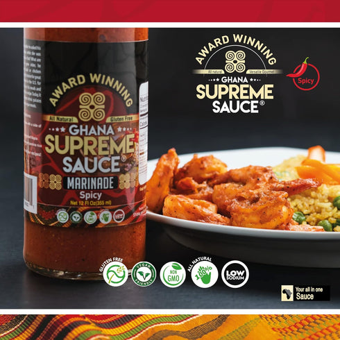 GHANA SUPREME SAUCE - Spicy Marinade for Meats and Jollof Rice - 12 Fluid Ounces