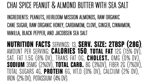 13 Big Spoon Roasters Chai Almond & Peanut Butter w/Raw Honey & Sea Salt - Keto Friendly, Low Sugar Almond Butter
