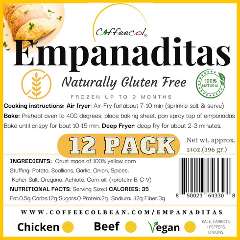 3-12 PACK (36 MINI BEEF EMPANADAS) GLUTEN FREE, HANDMADE USING NATURAL INGREDIENTS. NO GMO. AIR FRY, OR BAKED OR DEEP