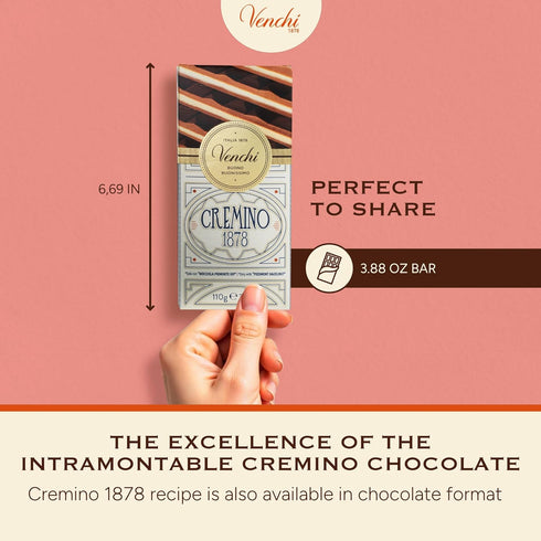 1878 3.88oz Venchi - Cremino Chocolate Bar with Almond Gianduja and Hazelnuts, - Gluten Free
