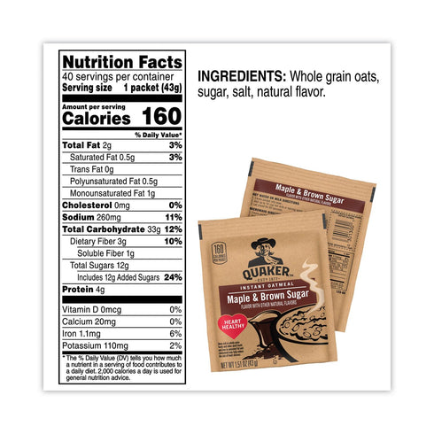 (40-1.51 oz packets) 60.6 Quaker Instant Oatmeal Cereal, Maple and Brown Sugar, Ounce