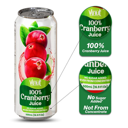 100% 16.9 oz (500 mL) Pack 12 VINUT Cranberry Juice, No Added Sugar, Not From Concentrate, fl Can