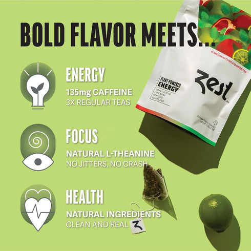 Zest High Caffeine Energy Leaf Blend - Pomegranate Mojito Green Tea - 135mg - 20 Pack Bag - All Natural Coffee