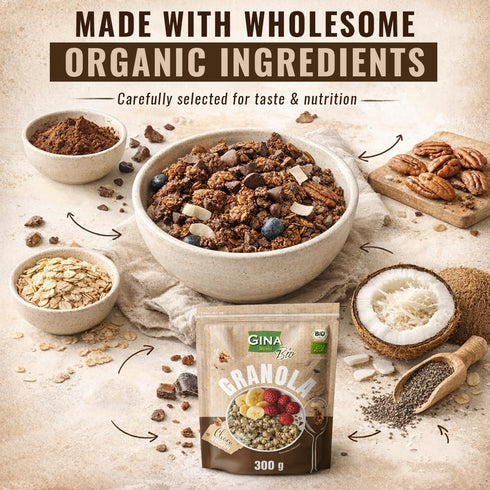 GINA Bio 300g- 2pk Organic Granola with Cocoa, Pecans & Fruits for Daily Meals - Gluten Free Vegan Granola Ideal