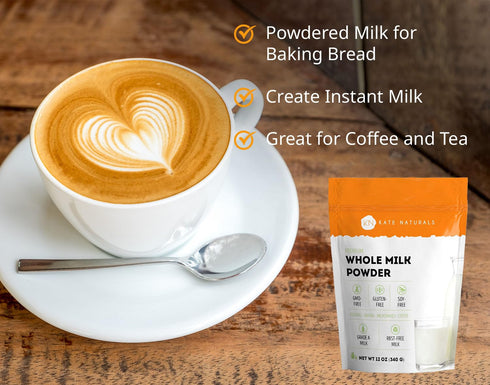 (12oz) Kate Naturals Dry Whole Milk Powder for Baking, Coffee & Milkshakes RBST-Free, Made in USA, Dried Powdered