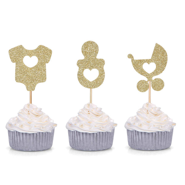 24 Gold Glitter Baby Shower Cupcake Toppers - Onesie, Pacifier, Stroller Shaped Decorations