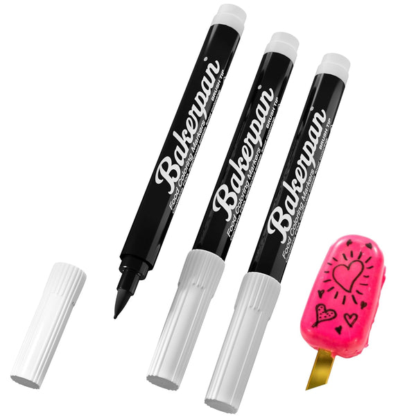 Bakerpan Food Coloring Markers, Brush Tip Black Edible Markers for Cake Pops and Candy Melts, Set of 3