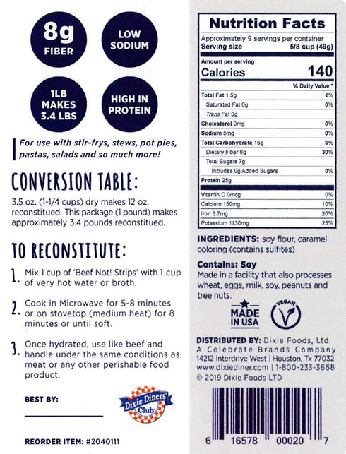 1 lb (Pack 2) Dixie Diners' Club - Beef (Not!) Strips, bag