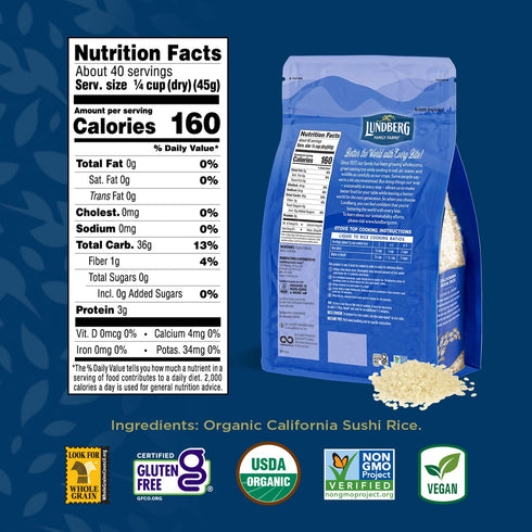 64 Oz Lundberg Organic Sushi Rice, Sticky White Japanese-Style California-Grown Short Grains