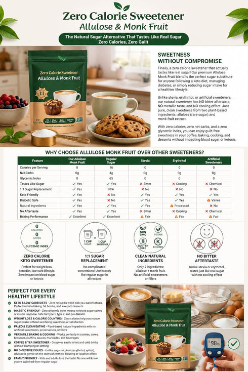 Generic 28oz 1:1 Allulose Monk Fruit Sweetener - Zero Calorie Sugar Substitute Replacement - Keto Diabetic Friendly Low