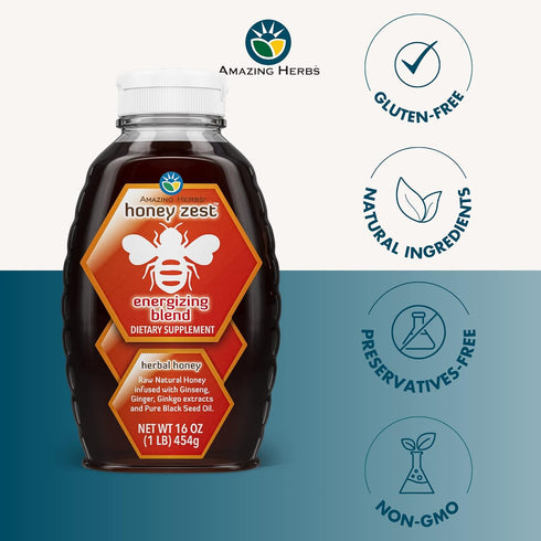 Immune 16 Oz Amazing Herbs Raw Natural Honey - Herbal Honey Infused with Ginseng, Ginger, Ginkgo Extracts & Pure Black