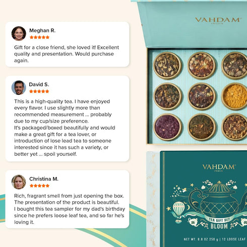 Set (12 Set VAHDAM, Bloom - Assorted Tea Gift Loose Leaf Tea) Tin Caddy Presentation Box | Gluten Free, Non GMO | Tea