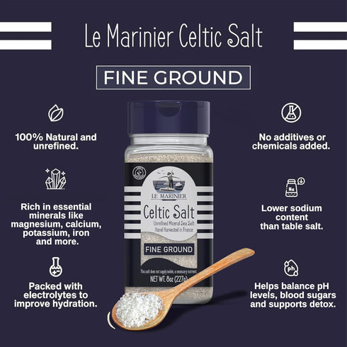 8oz. 100% (8oz Le Marinier Celtic Salt Organic Fine Ground, Mineral Rich Natural and Unrefined. Refillable Salt Shaker.