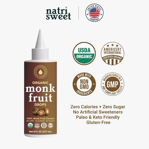 100% 8 oz, 2-Pack Organic Monk Fruit Liquid Sweetener Drops, Pure Extract, Zero Sugar & No Erythritol, Unflavored