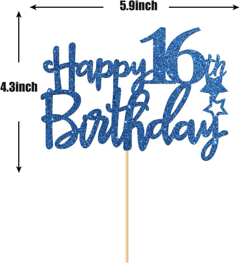 Royal Blue Glitter Happy 16th Birthday Cake Topper, Cheers to 16 Years Party Supplies, 16th Birthday Decorations