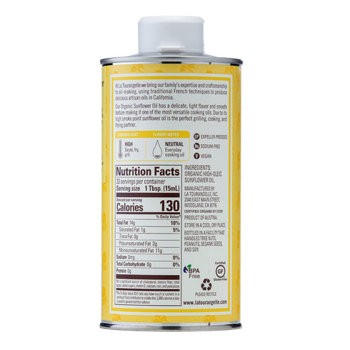 La Tourangelle, Organic High Oleic Sunflower Oil, Neutral Oil For Medium to High Heat Cooking and Skin Care, Non GMO, Pesticide and Chemical Free, 16.9 Fl Oz