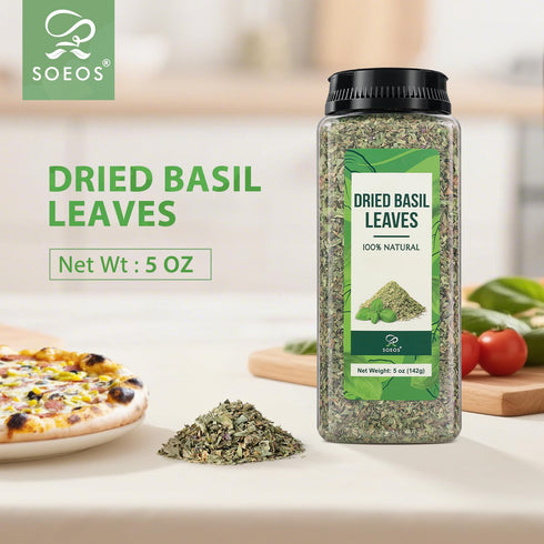 5 oz (142g), Soeos Basil Leaves, Cut and Sifted, Dried Basil Leaves, Pairs Well with Pasta, Salad, Pizza, Sauces