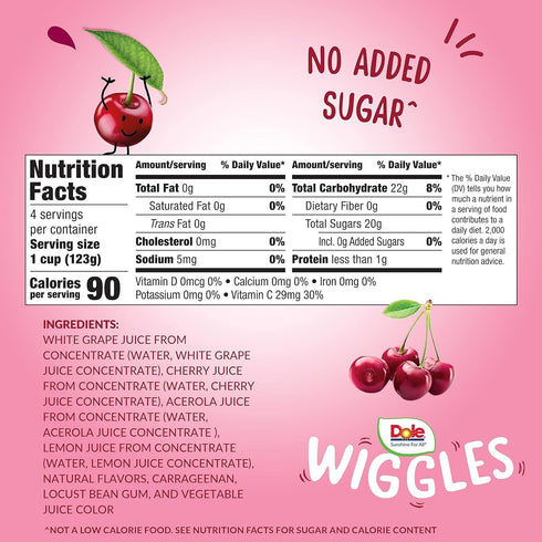4.3oz 4 Dole Wiggles No Sugar Added Cherry Fruit Juice Gels Snacks, Total Cups, Gluten & Dairy Free, Bulk Lunch Snacks