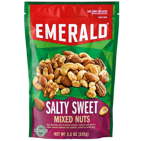 5.5 Oz, (Pack 2) Emerald Nuts, Salty Sweet Mixed Nuts, Features Kettle Glazed Peanuts, Almonds, Cashews, Kettle Glazed