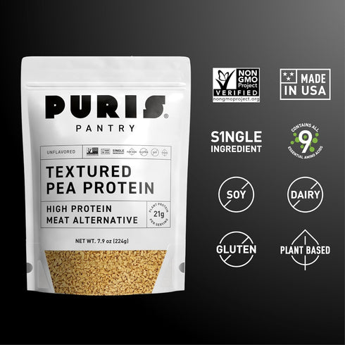 21g 1.5 PURIS Pantry Textured Pea Protein, Unflavored Meatless Vegetable Crumbles, Soy Free, Shelf-Stable, Gluten Free