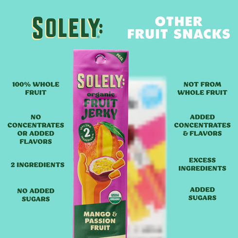 12 0.8oz (23g) SOLELY - Organic Mango Passion Fruit Jerky - Individually Wrapped Strips - Fruit Leather Made from Dried