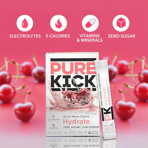 Pack 6 Packets Packets Pure Kick Hydration Drink Mix Singles to Go of Arctic Wave Cherry Flavor for Water, Zero Calorie